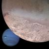 This computer generated montage shows Neptune as it would appear from a spacecraft approaching Triton, Neptune's largest moon at 2706 km (1683 mi) in diameter.