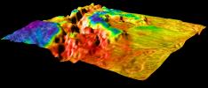 This perspective view of Venus, generated by computer from Magellan data and color-coded with emissivity, shows the boundary between the lowland plains and characteristic Venusian highland terrain in Ovda Region.