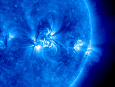 Photograph of the sun appearing blue, taken by an ultraviolet camera onboard NASA's STEREO spacecraft