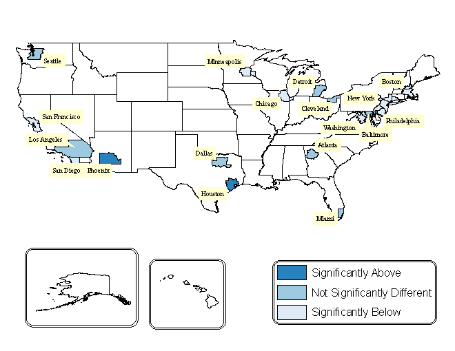 Chart 2.  Expenditure shares spent on transportation in all 18 metropolitan statistical areas compared to the U.S. average, Consumer Expenditures, 2006-2007