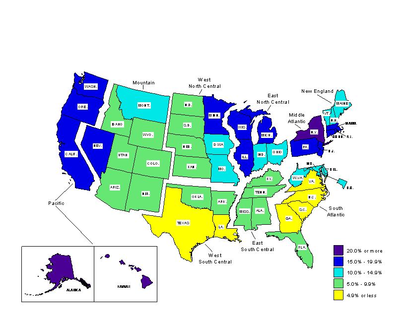 Chart 1.  Union membership rates by state, 2008 annual averages