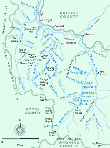 A map showing places of interest along Hazy Creek and Peachtree Creek in southern West Virginia.