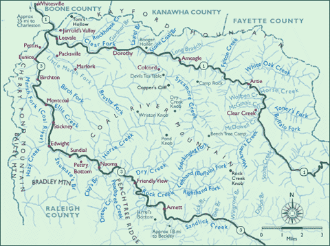 A map showing places of interest along the headwaters of the Big Coal River in southern West Virginia.