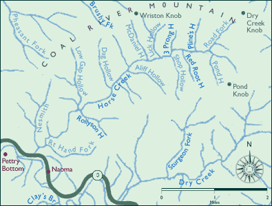A map showing places of interest along Horse Creek in southern West Virginia.