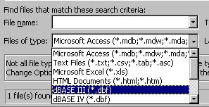 Click on dBASE III (*.dbf) at the Files of Type prompt 
(from window)