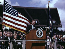 President John F. Kennedy speaks before an audience at Rice University on Sept. 12, 1962.