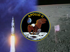 image showing Apollo 11 launch and mission patch, and American flag