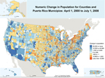 Map of Numeric Change in Population for Counties and Puerto Rico Municipios: April 1, 2000 to July 1, 2008