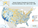 Map of Numeric Change in Population for Counties and Puerto Rico Municipios: July 1, 2007 to July 1, 2008