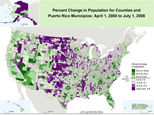 Map of Percent Change in Population for Counties and Puerto Rico Municipios: April 1, 2000 to July 1, 2008