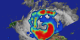 Precipitation rates on the ground superimposed on an cloud image of Hurricane Georges taken on September 27, 1998.  Red represents regions of highest rainfall.