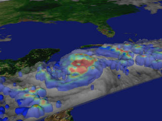 A perspective view of clouds and precipitation isosurfaces of Hurricane Mitch