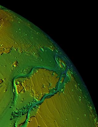 Mars MOLA false color image of Kasei Valles looking west to east