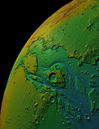 Mars MOLA false color image of Kasei Valles looking east to west