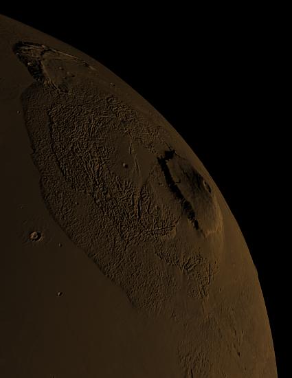 Mars MOLA true color image of Olympus Mons looking west to east (vertical exaggeration 3x, shading 6x)