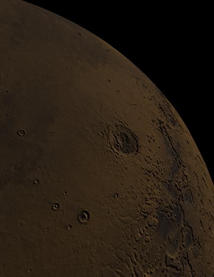 Mars MOLA true color image of Lyot looking north to south (vertical exaggeration 3x, shading 6x)