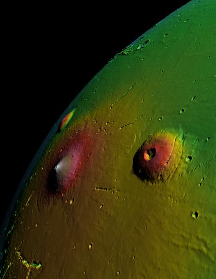 Mars MOLA false color image of Elysium Mons looking south to north (vertical exaggeration 3x, shading 6x)