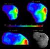 A temperature map of the nucleus with different spatial resolutions. The context image (in black and white) is a HRIVIS image taken just before impact. The color bar in the middle gives temperature in Kelvins. The sun is to the right in all images.