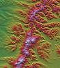 SRTM Colored Height and Shaded Relief: Sredinnyy Khrebet, Kamchatka Peninsula, Russia