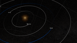 The movie opens on the date of November 1, 2006, with a view of the inner Solar System. We see the Sun, as well as the orbits of Mercury, Venus, Earth (in blue) and Mars. We zoom in towards the Earth.