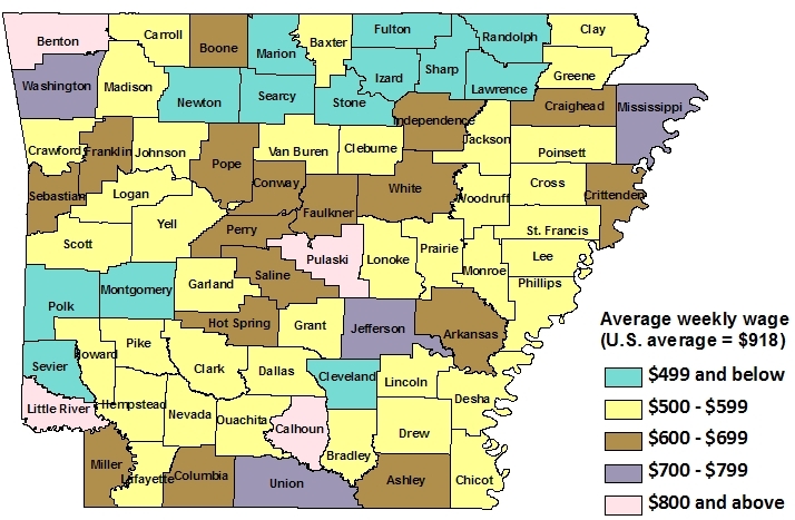 Average weekly wages by county in Arkansas, fourth quarter 2008