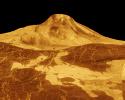 Maat Mons is displayed in this three-dimensional perspective view of the surface of Venus. The viewpoint is located 560 kilometers (347 miles) north of Maat Mons at an elevation of 1.7 kilometers (1 mile) above the terrain.