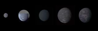 Montage of Uranus' five largest satellites. From top to bottom in order of decreasing distance from Uranus are Oberon, Titania, Umbriel, Ariel, and Miranda. Images are presented to show correct relative sizes and brightness.