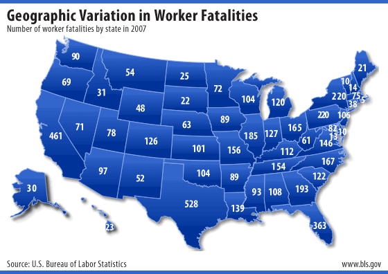Number of worker fatalities by state in 2007