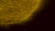 This image is a composite of left and right eye color image pairs taken by the SECCHI Extreme UltraViolet Imager (EUVI) mounted on the STEREO-B and STEREO-A spacecraft. STEREO-B is located behind the Earth, and follows the Earth in orbit around the Sun.