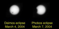 This panel combines the first photographs of solar eclipses by Mars' two moons. The panoramic camera on NASA's Mars Exploration Rover Opportunity captured the images as the first in a planned series of eclipse observations by Opportunity and Spirit.