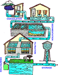 Figure illustrating the water treatment cycle, showing coagulation, sedimentation, filtration, and disinfection