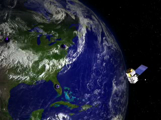 Illusration of ground-based lasers and Global Positioning satellites measuring the shape of the Earth.