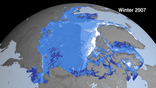 Sea ice thickness image from Mar 12 - Apr 14, 2007 - Dark blue shows sea ice that is less then 1 meter and white shows areas greater then 4 meters.