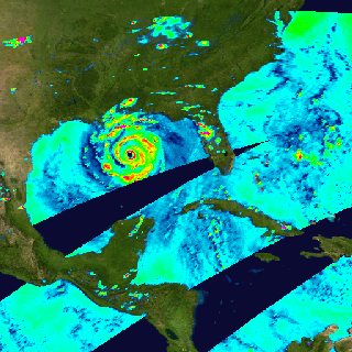 Horizontally polarized 85GHz microwave brightness temperatures measured by the TMI instrument on TRMM from August 22, 2005 through August 30, 2005, during Hurricane Katrina.