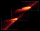 This infrared image from NASA's Spitzer Space Telescope shows the broken Comet 73P/Schwassman-Wachmann 3 skimming along a trail of debris left during its multiple trips around the sun.