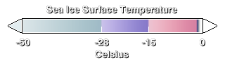 This color bar shows the sea ice surface temperature. The warmest sea ice temperatures, forming below -2 degrees Celsius, are shown in pink, while temperatures below -15 degrees Celsius are shown in shades of purple. Sea ice surface temperatures below -28 degrees Celsius are shown in shades of blue/grey.