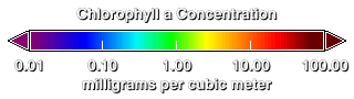 Legend for the global biosphere animation. Reds and yellows denote areas of high ocean chlorophyll and blue and purple denote low concentrations.