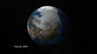 The Arctic Sea Ice on February 25, 2007 with a starfield backdrop image and date information.