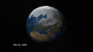 The Arctic Sea Ice on March 2, 2008 with a starfield backdrop image and date information.