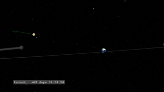 The camera pulls out from the Earth, revealing the IBEX spacecraft (the small gold and grey hexagonal object on the left) and its orbit (green). The Moon is passing through the foreground.
