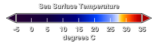 This is the color scale used for the sea surface temperature, ranging from dark blue for areas below 15 degrees Celsius to dark red for regions above 35 degrees Celsius.