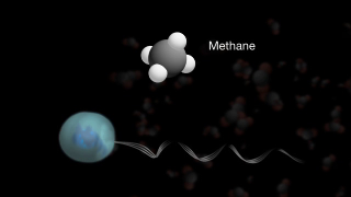 In this animation, energy produced by radioactive minerals remove hydrogen from water molecules, which are then consumed by the microbes along with carbon dioxide. The microbes then emit methane as a byproduct.