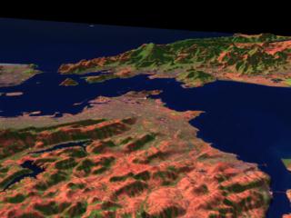 San Francisco Bay flyby, using Landsat imagery from September 27, 1997.