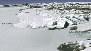 This image shows Cape Roberts and the MacKay Glacier.