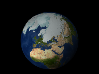 This still image shows the Arctic sea ice along with global snow cover.