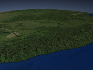 This image shows landcover over Northeastern China (left) and Southeastern Russia (right) in August 2004, viewed from the vantage point of the Sea of Japan. The black line marks the border between China and Russia.
