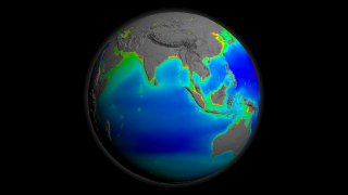 A print resolution picture of SeaWiFS ocean chlorophyll concentration decadal average over Asia and Australia.