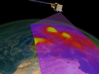 Aura passing over Europe collecting (simulated) OMI data.