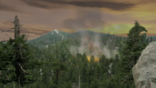 Forest fires are another source of aerosols. This animation shows a forest on fire. The camera follows the aerosols up into the sky.