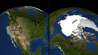 This image shows the 2005 minimum sea ice and compares its area to that of the state of California.